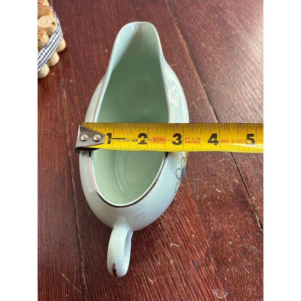 Vintage Mid‎ Century Mint Green Floral Gravy Boat Atomic Flower Ceramic Gold Rim